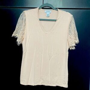 Beige top with lace sleeves and v-neck